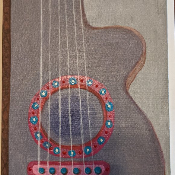 ORIGINAL Acrylic Painting 10" x 12" GUITAR on Canvas SIGNED tlp Gray Red Pink - Picture 2 of 8